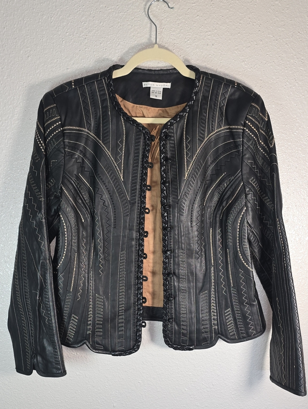 Peter Nygard Black Leather Embroidered Jacket